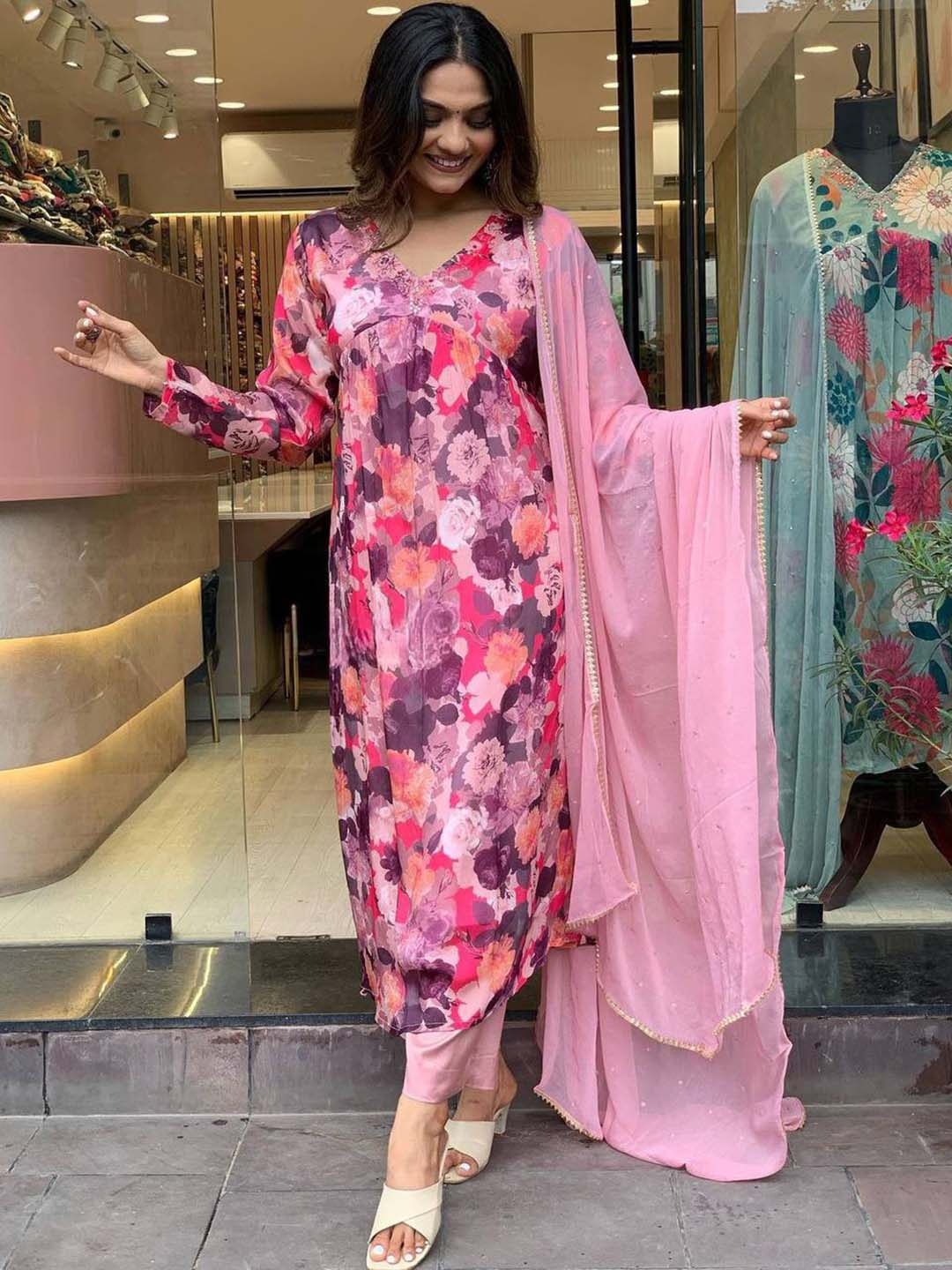 KALINI Floral Embroidered Straight Beads and Stones Pure Silk Kurta with Trouser & Dupatta, Pink
KALINI Floral Embroidered Straight Beads and Stones Pure Silk Kurta with Trouser & Dupatta, Pink