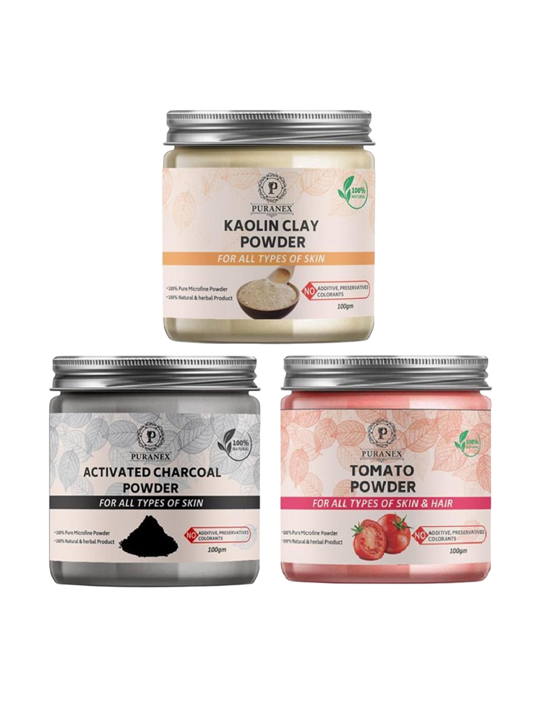 Puranex Set Of 3 Kaolin Clay Powder, Charcoal Powder & Tomato Powder For Face - 100 g Each, White
Puranex Set Of 3 Kaolin Clay Powder, Charcoal Powder & Tomato Powder For Face - 100 g Each, White