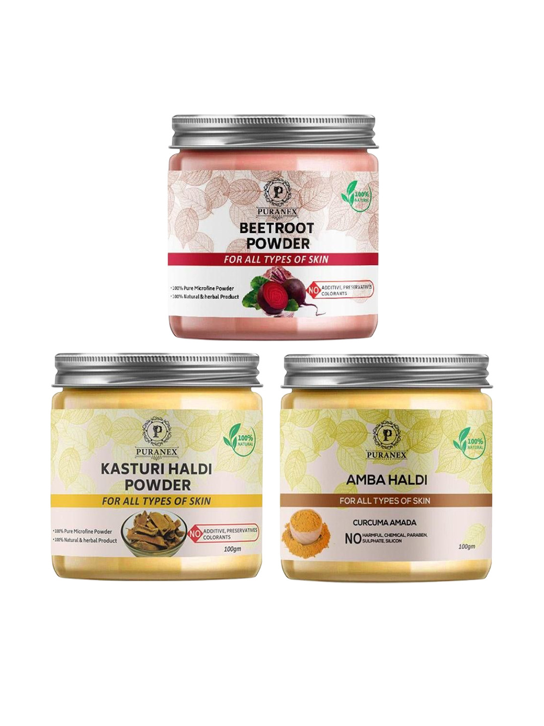 Puranex Set Of 3 Beetroot, Kasturi Haldi & Amba Haldi Powder For Face Pack - 100 g Each, White
Puranex Set Of 3 Beetroot, Kasturi Haldi & Amba Haldi Powder For Face Pack - 100 g Each, White