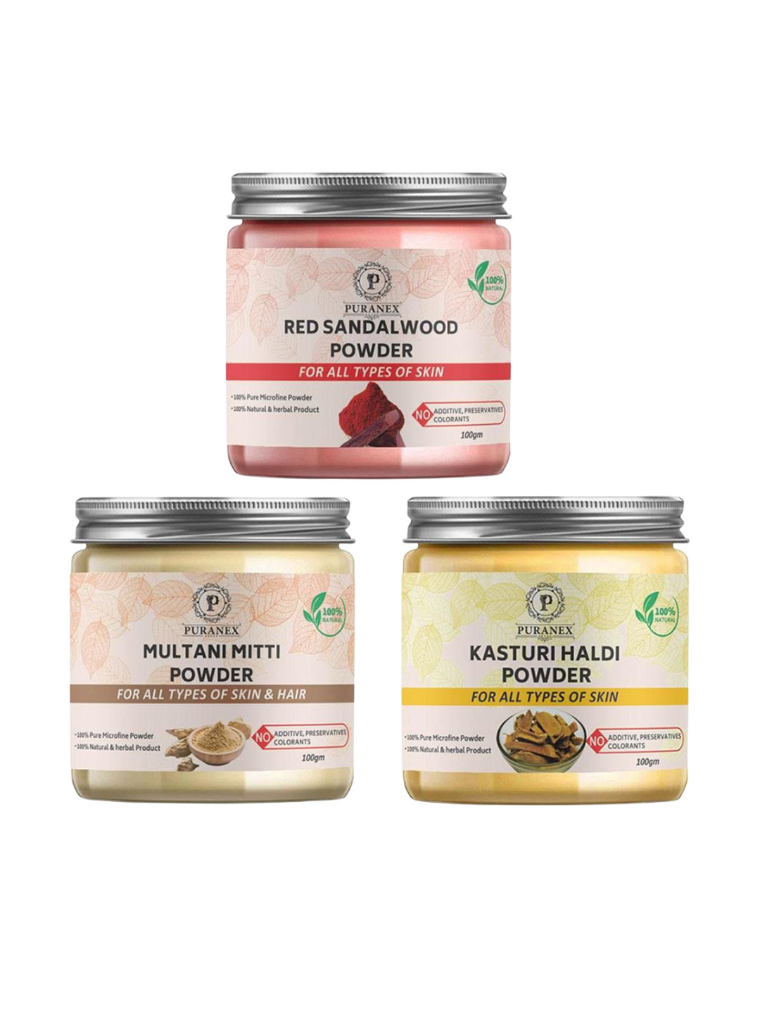 Puranex Set Of 3 Red Sandal Wood, Multani Mitti Powder & Kasturi Powder - 100 g Each, White
Puranex Set Of 3 Red Sandal Wood, Multani Mitti Powder & Kasturi Powder - 100 g Each, White