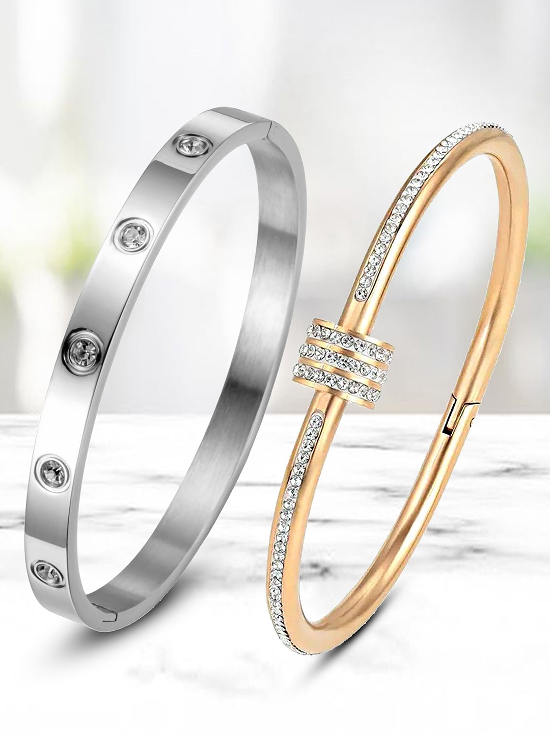 DIVASTRI Set Of 2 Stainless Steel American Diamond Studded Bangle-Style Bracelets, Silver
DIVASTRI Set Of 2 Stainless Steel American Diamond Studded Bangle-Style Bracelets, Silver