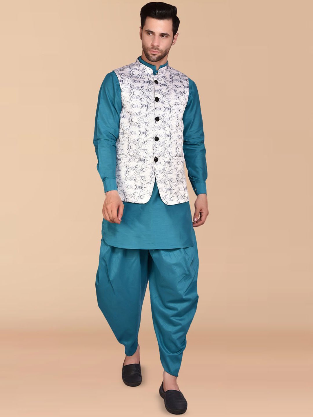 PRINTINDIA Mandarin Collar Long Sleeves Pure Silk Kurta & Harem Pant & Nehru Jacket, Blue
PRINTINDIA Mandarin Collar Long Sleeves Pure Silk Kurta & Harem Pant & Nehru Jacket, Blue
