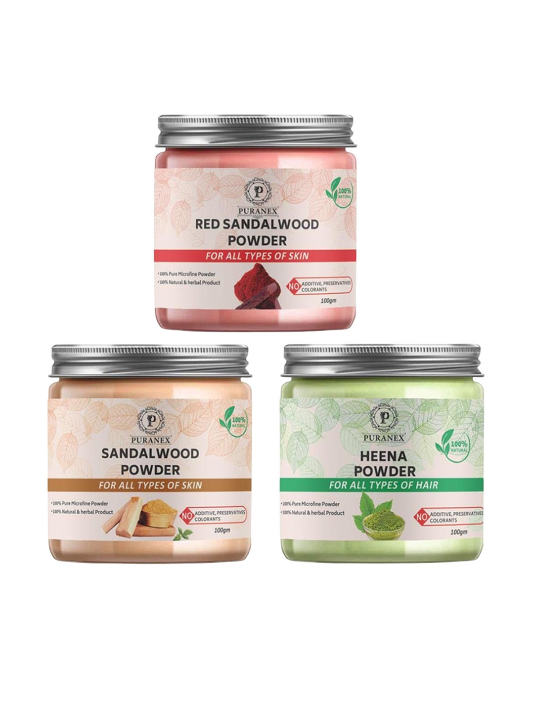 Puranex Set Of 3 100% Natural Sandalwood & Red Sandalwood & Heena Powder -100 g Each, Pink
Puranex Set Of 3 100% Natural Sandalwood & Red Sandalwood & Heena Powder -100 g Each, Pink