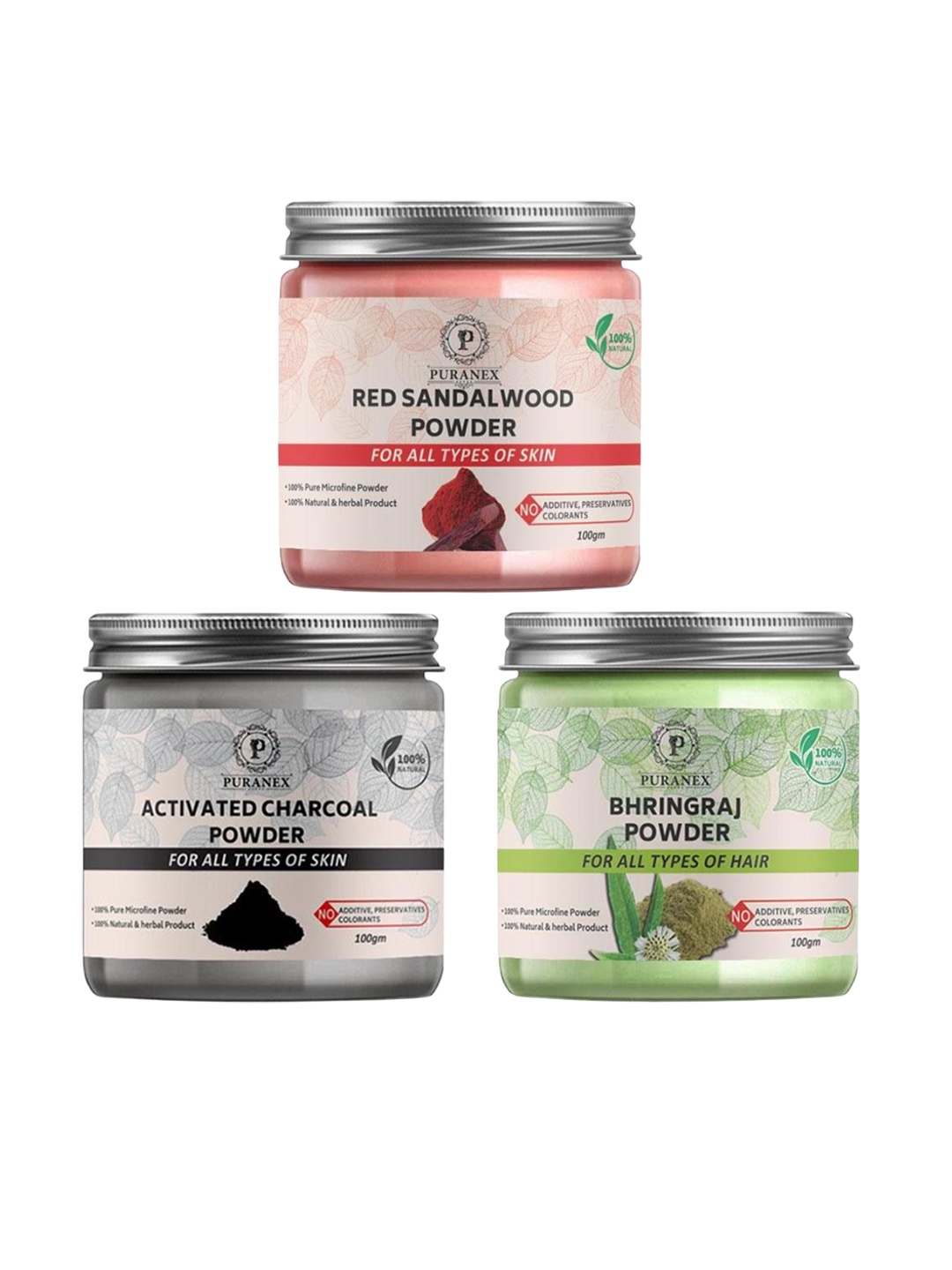 Puranex Set Of 3 Red Sandalwood - Activated Charcoal & Bhringraj Powder - 100 g Each, Pink
Puranex Set Of 3 Red Sandalwood - Activated Charcoal & Bhringraj Powder - 100 g Each, Pink
