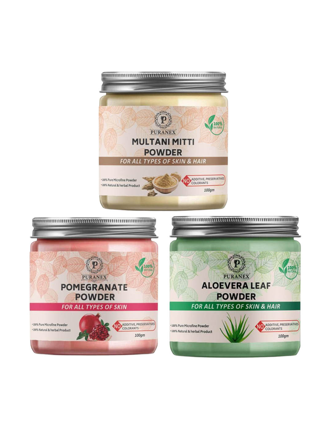 Puranex Set Of 3 Multani Mitti, Pomegranate & Aloevera Leaf Skin & Hair Powder-100 g Each, White
Puranex Set Of 3 Multani Mitti, Pomegranate & Aloevera Leaf Skin & Hair Powder-100 g Each, White