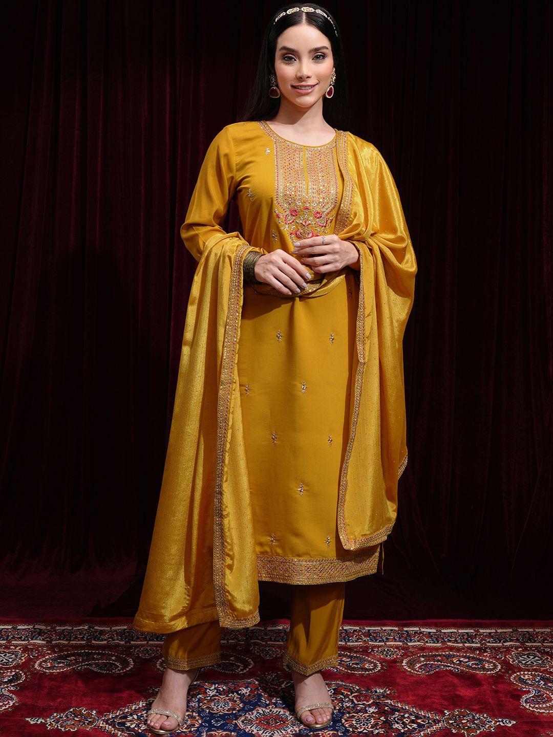 Vishudh Mustard Yellow Floral Embroidered Regular Straight Kurta with Palazzos & Dupatta
Vishudh Mustard Yellow Floral Embroidered Regular Straight Kurta with Palazzos & Dupatta