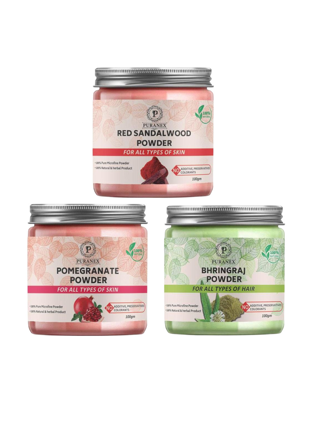 Puranex Set Of 3 Red Sandalwood Pomegranate & Bhringraj Powder For Skin & Hair - 100g Each, Pink
Puranex Set Of 3 Red Sandalwood Pomegranate & Bhringraj Powder For Skin & Hair - 100g Each, Pink