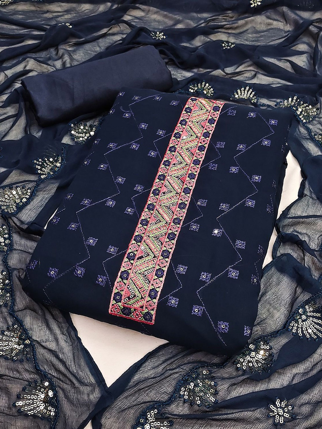 LADY SHOPI Geometric Embroidered Sequinned Silk Georgette Unstitched Dress Material, Navy blue
LADY SHOPI Geometric Embroidered Sequinned Silk Georgette Unstitched Dress Material, Navy blue