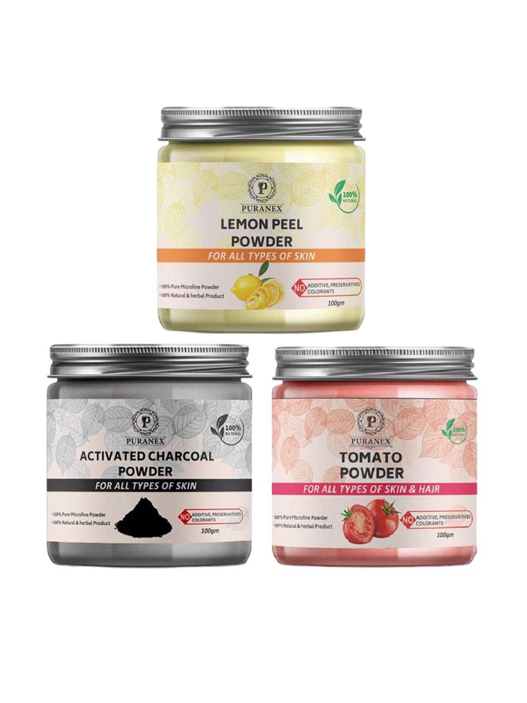Puranex Set Of 3 Lemon Peel, Activated Charcoal & Tomato Skin & Hair Powder-100 g Each, White
Puranex Set Of 3 Lemon Peel, Activated Charcoal & Tomato Skin & Hair Powder-100 g Each, White