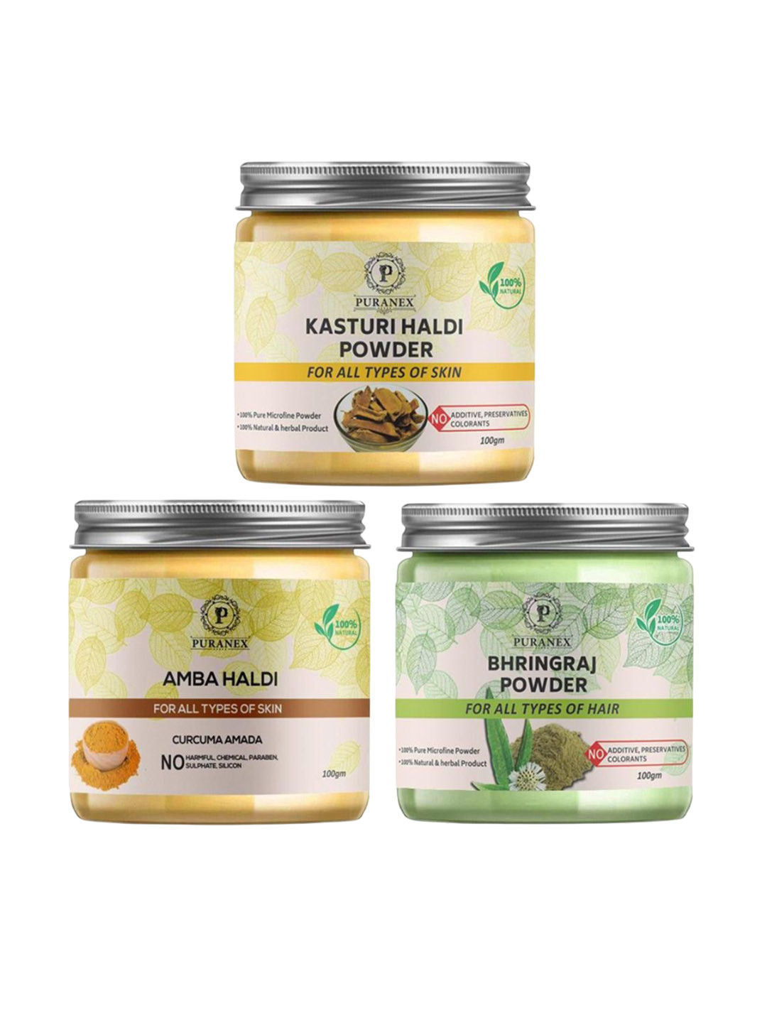 Puranex Set Of 3 Kasturi Haldi, Amba & Bringraj Hair & Skin Powder -100 g Each, White
Puranex Set Of 3 Kasturi Haldi, Amba & Bringraj Hair & Skin Powder -100 g Each, White