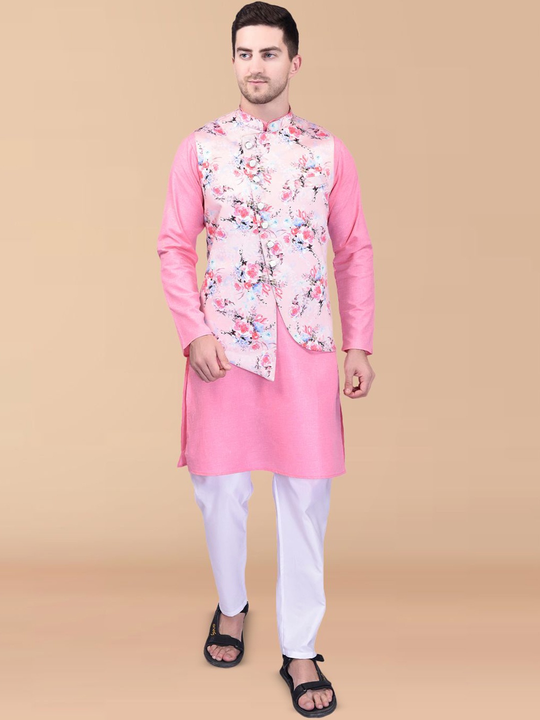 PRINTINDIA Mandarin Collar Pure Cotton Straight Kurta with Trousers & Nehru jacket, Pink
PRINTINDIA Mandarin Collar Pure Cotton Straight Kurta with Trousers & Nehru jacket, Pink