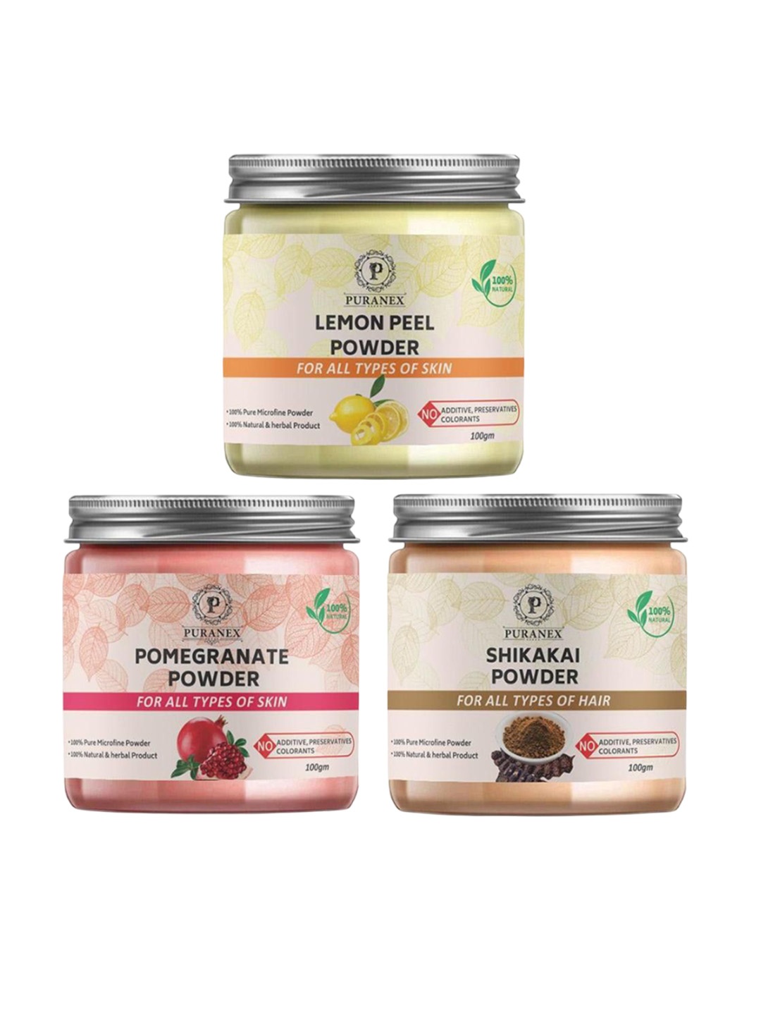 Puranex Set Of 3 Lemon Peel, Pomegranate With Shikakai Hair & Skin Powder -100 g Each, White
Puranex Set Of 3 Lemon Peel, Pomegranate With Shikakai Hair & Skin Powder -100 g Each, White