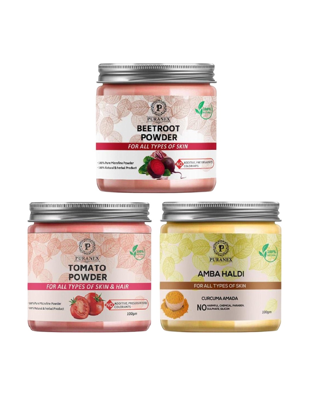 Puranex Set Of 3 100% Natural Tomato & Beetroot Skin & Hair Powder - 100 g Each, White
Puranex Set Of 3 100% Natural Tomato & Beetroot Skin & Hair Powder - 100 g Each, White