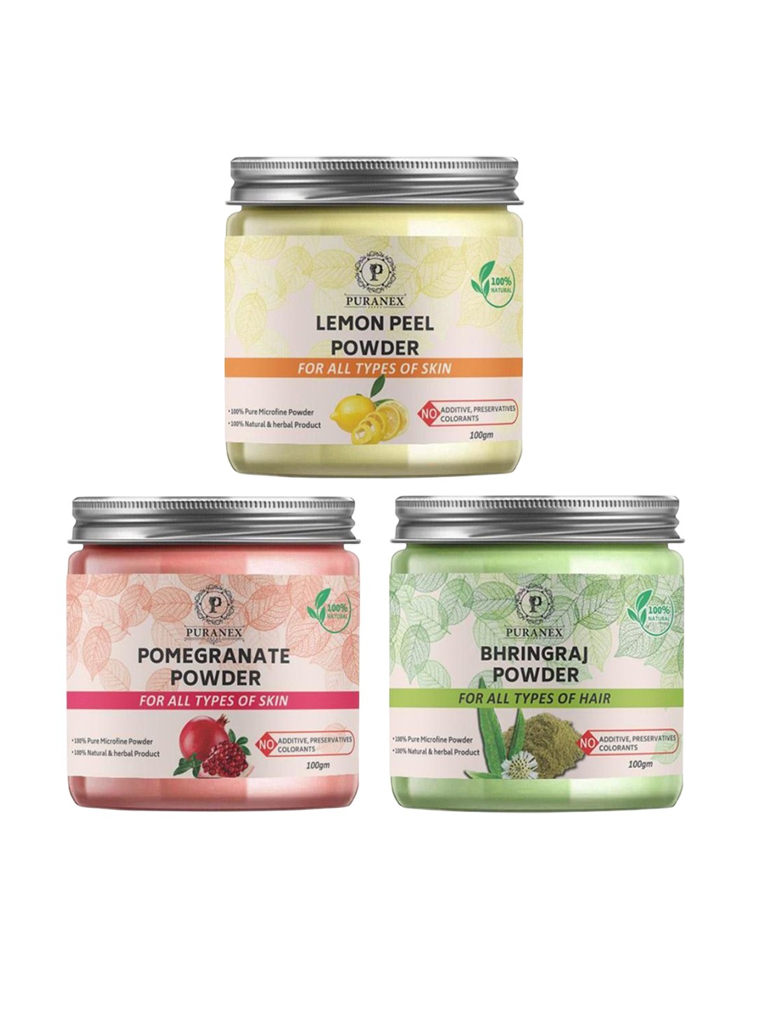 Puranex Set Of 3 Pomegranate, Bhringraj & Lemon Peel Skin & Hair Powder - 100g Each, White
Puranex Set Of 3 Pomegranate, Bhringraj & Lemon Peel Skin & Hair Powder - 100g Each, White