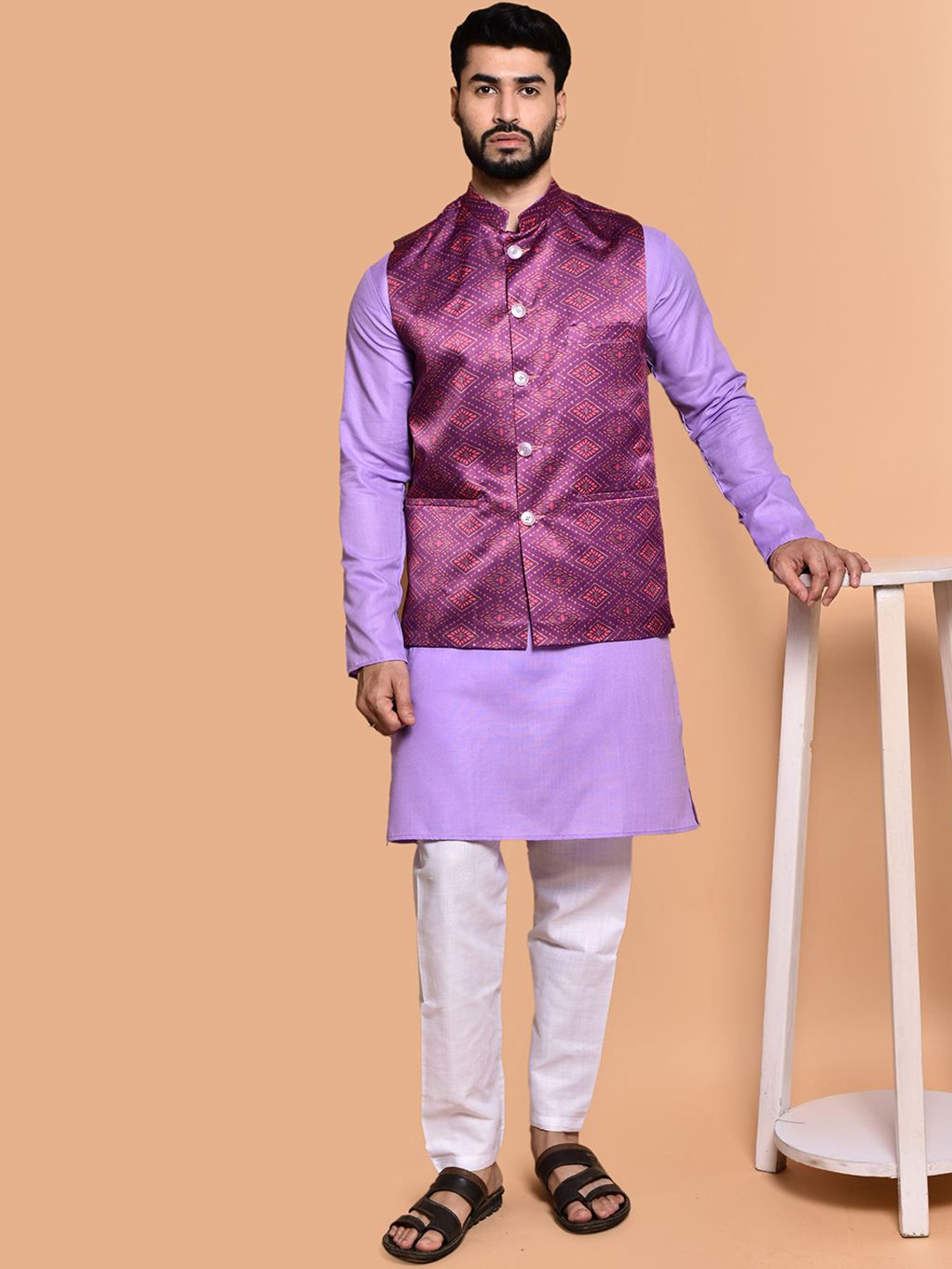 PRINTINDIA Mandarin Collar Pure Cotton Straight Kurta With Trousers & Nehru Jacket, Lavender
PRINTINDIA Mandarin Collar Pure Cotton Straight Kurta With Trousers & Nehru Jacket, Lavender