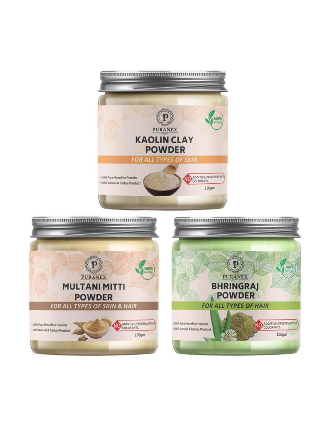 Puranex Set Of 3 Kaolin Clay, Multani Mitti & Bhringraj Skin & Hair Powder-100 g Each, White
Puranex Set Of 3 Kaolin Clay, Multani Mitti & Bhringraj Skin & Hair Powder-100 g Each, White