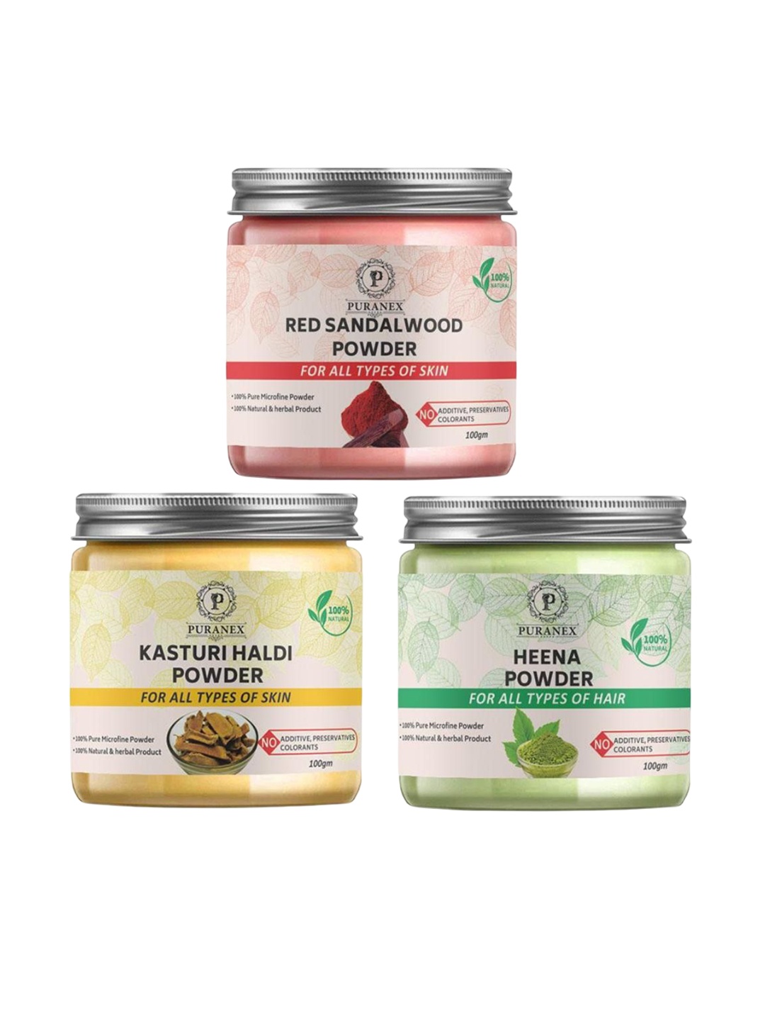 Puranex Set Of 3 Red Sandal Wood, Kasturi Haldi & Heena Skin & Hair Powder-100 g Each, White
Puranex Set Of 3 Red Sandal Wood, Kasturi Haldi & Heena Skin & Hair Powder-100 g Each, White