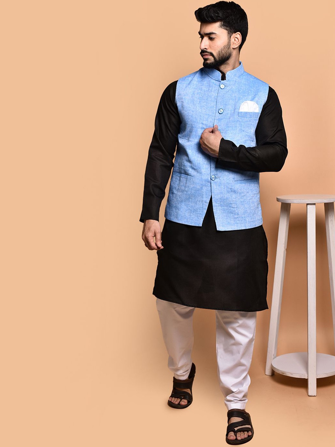 PRINTINDIA Mandarin Collar Pure Cotton Straight Kurta with Pyjamas & Nehru jacket, Black
PRINTINDIA Mandarin Collar Pure Cotton Straight Kurta with Pyjamas & Nehru jacket, Black