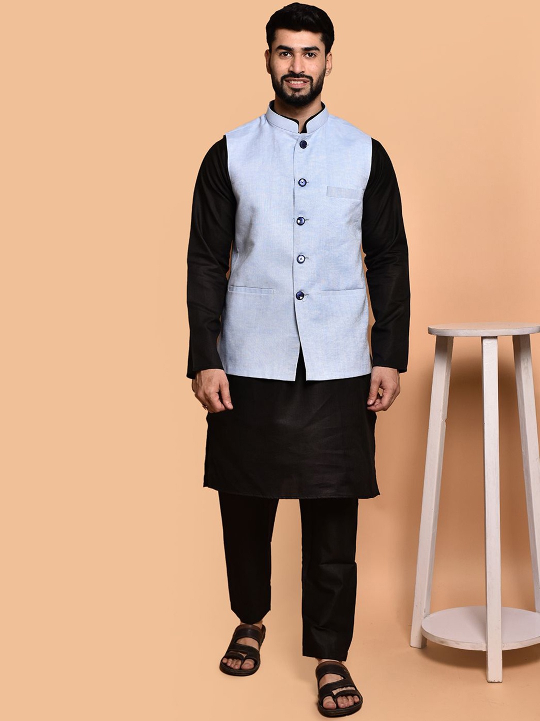 PRINTINDIA Mandarin Collar Pure Cotton Straight Kurta With Trouser & Nehru jacket, Black
PRINTINDIA Mandarin Collar Pure Cotton Straight Kurta With Trouser & Nehru jacket, Black