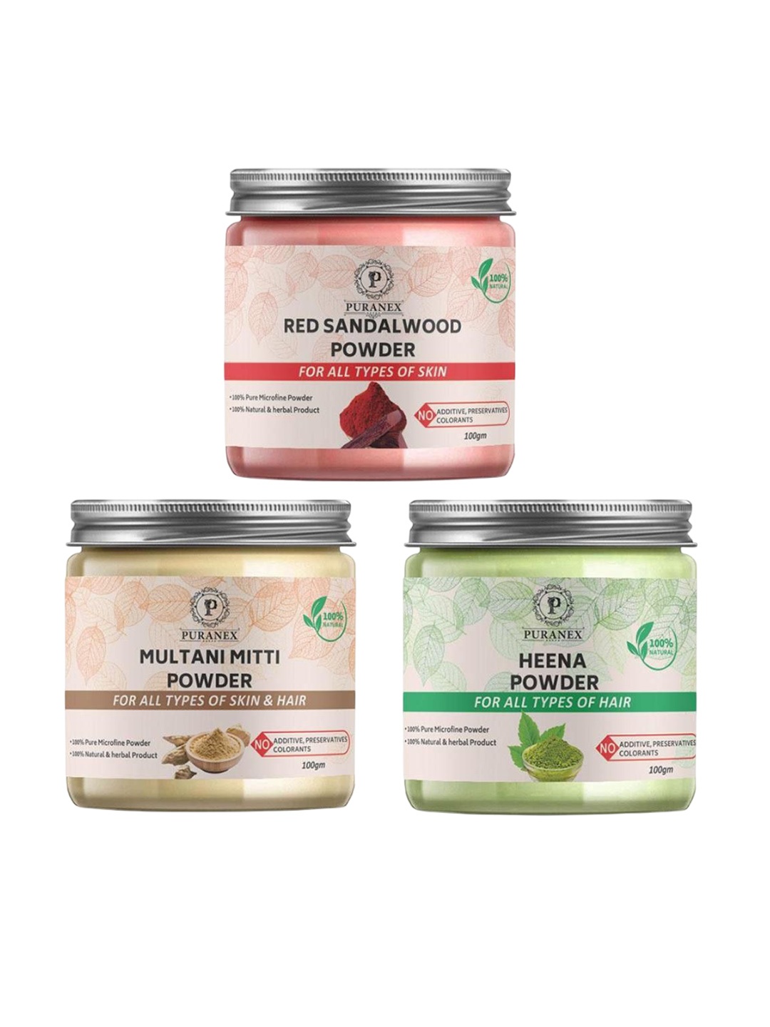 Puranex Set Of 3 Red Sandalwood, Multani Mitti & Henna Skin & Hair Powder-100 g Each, White
Puranex Set Of 3 Red Sandalwood, Multani Mitti & Henna Skin & Hair Powder-100 g Each, White