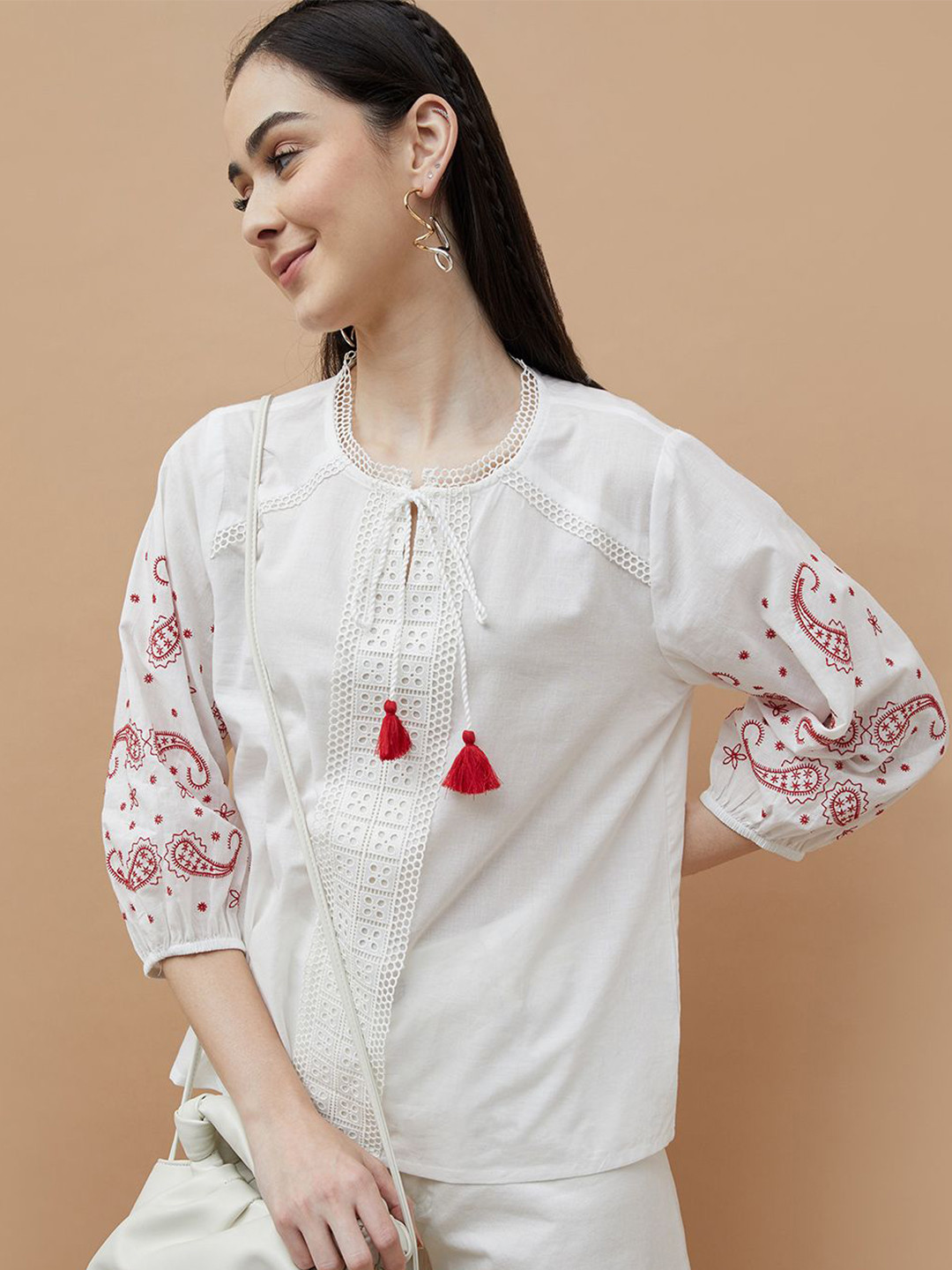 Colour Me by Melange Women Cotton Ethnic Motifs Printed Tie-Up Neck Cuffed Sleeves Top, White
Colour Me by Melange Women Cotton Ethnic Motifs Printed Tie-Up Neck Cuffed Sleeves Top, White