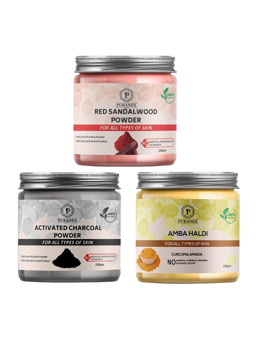 Puranex Set Of 3 Red Sandalwood, Activated Charcoal, Amba Haldi Face Pack Powder-100g Each, White
Puranex Set Of 3 Red Sandalwood, Activated Charcoal, Amba Haldi Face Pack Powder-100g Each, White