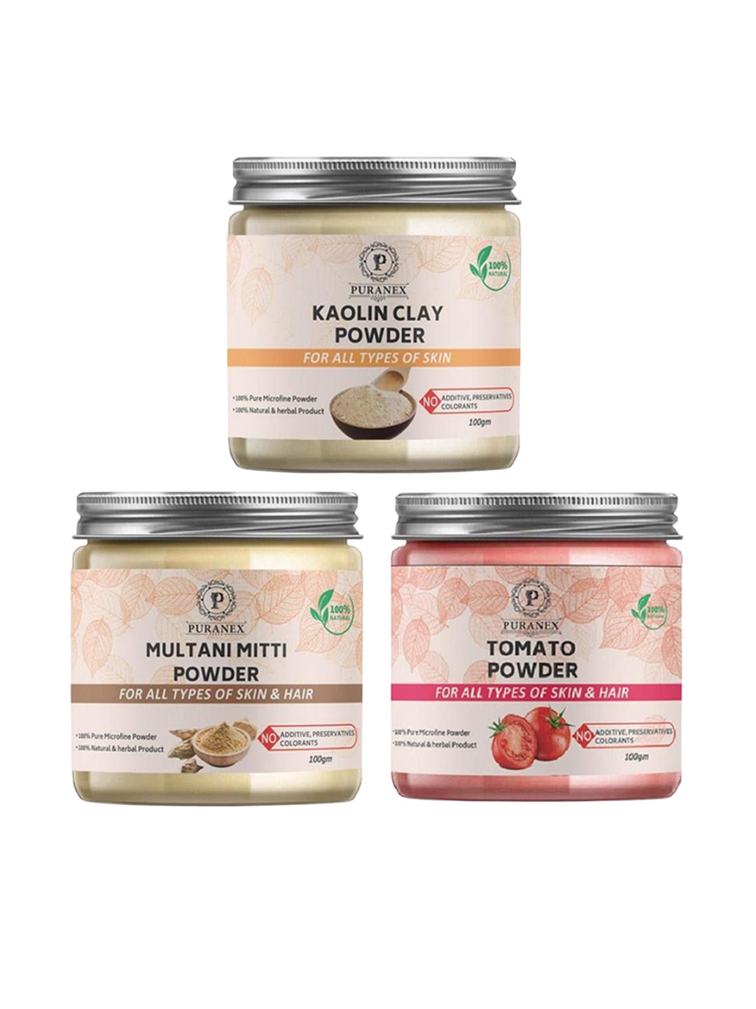Puranex Set Of 3 Kaolin Clay, Multani Mitti & Tomato Skin & Hair Powder-100 g Each, White
Puranex Set Of 3 Kaolin Clay, Multani Mitti & Tomato Skin & Hair Powder-100 g Each, White