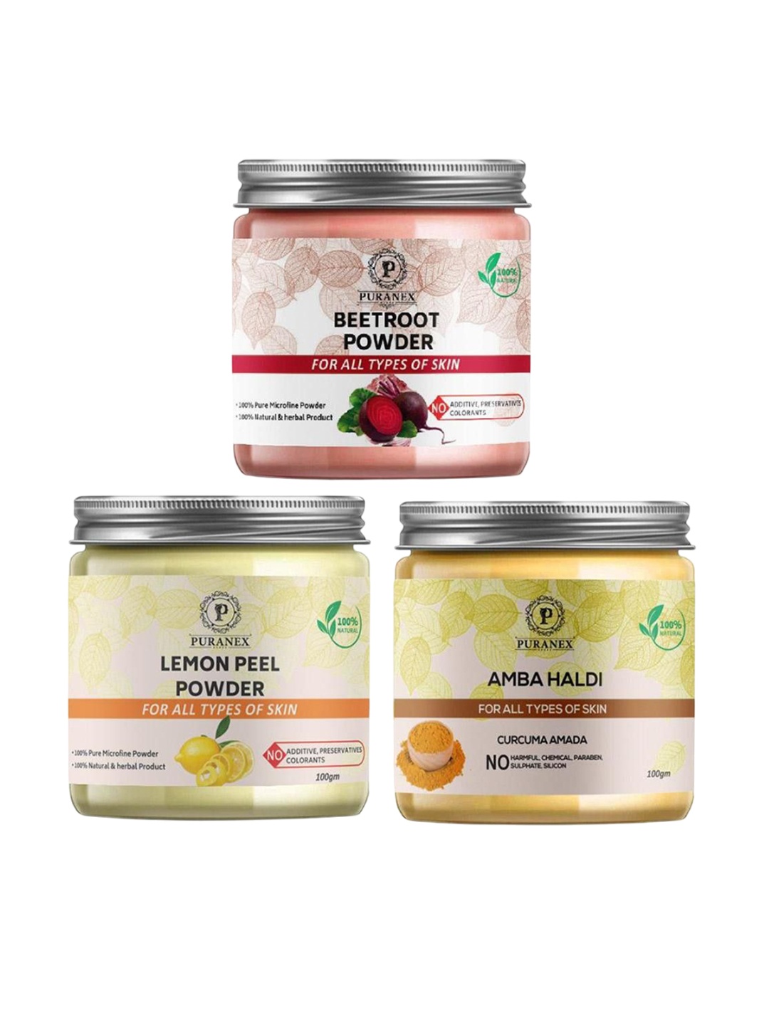 Puranex Set Of 3 Beetroot, Lemon Peel & Amba Haldi Face Pack Powder - 100 g Each, White
Puranex Set Of 3 Beetroot, Lemon Peel & Amba Haldi Face Pack Powder - 100 g Each, White