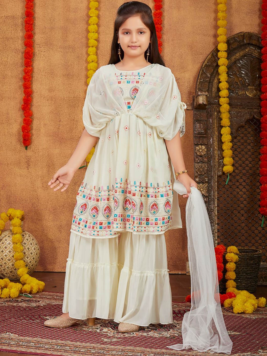 Sangria Girls Floral Embroidered Georgette A-Line Kurta & Sharara with Dupatta, Cream
Sangria Girls Floral Embroidered Georgette A-Line Kurta & Sharara with Dupatta, Cream