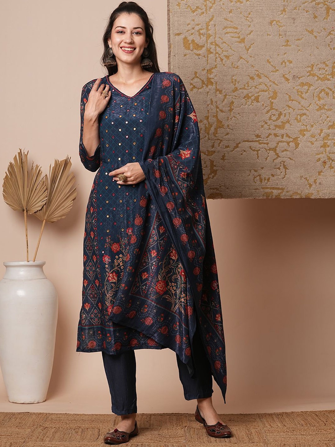 FASHOR Ethnic Motifs Printed Mirror Work Straight Kurta With Trousers & Dupatta, Blue
FASHOR Ethnic Motifs Printed Mirror Work Straight Kurta With Trousers & Dupatta, Blue