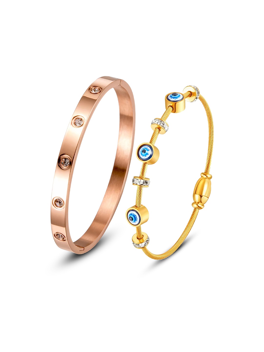 DIVASTRI Set Of 2 Stainless Steel Gold-Plated American Diamond Studded Kada Bracelets
DIVASTRI Set Of 2 Stainless Steel Gold-Plated American Diamond Studded Kada Bracelets