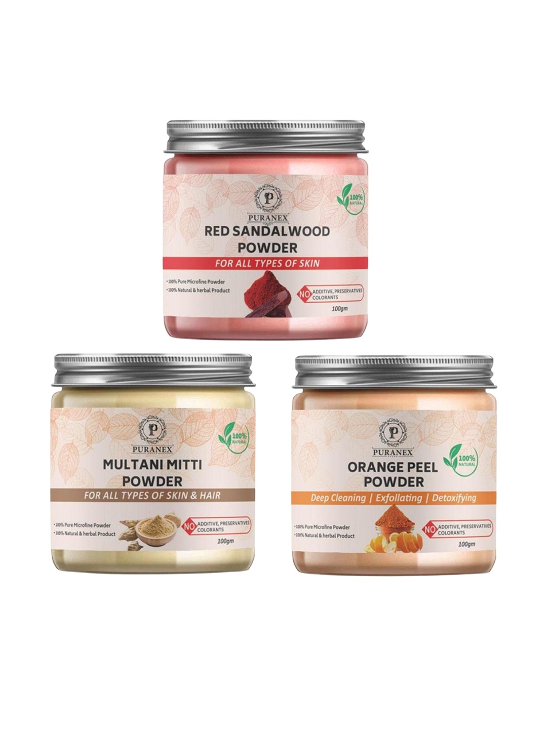 Puranex Set Of 3 Red Sandalwood, Orage Peel & Multani Mitti Skin & Hair Powder-100 g Each, White
Puranex Set Of 3 Red Sandalwood, Orage Peel & Multani Mitti Skin & Hair Powder-100 g Each, White