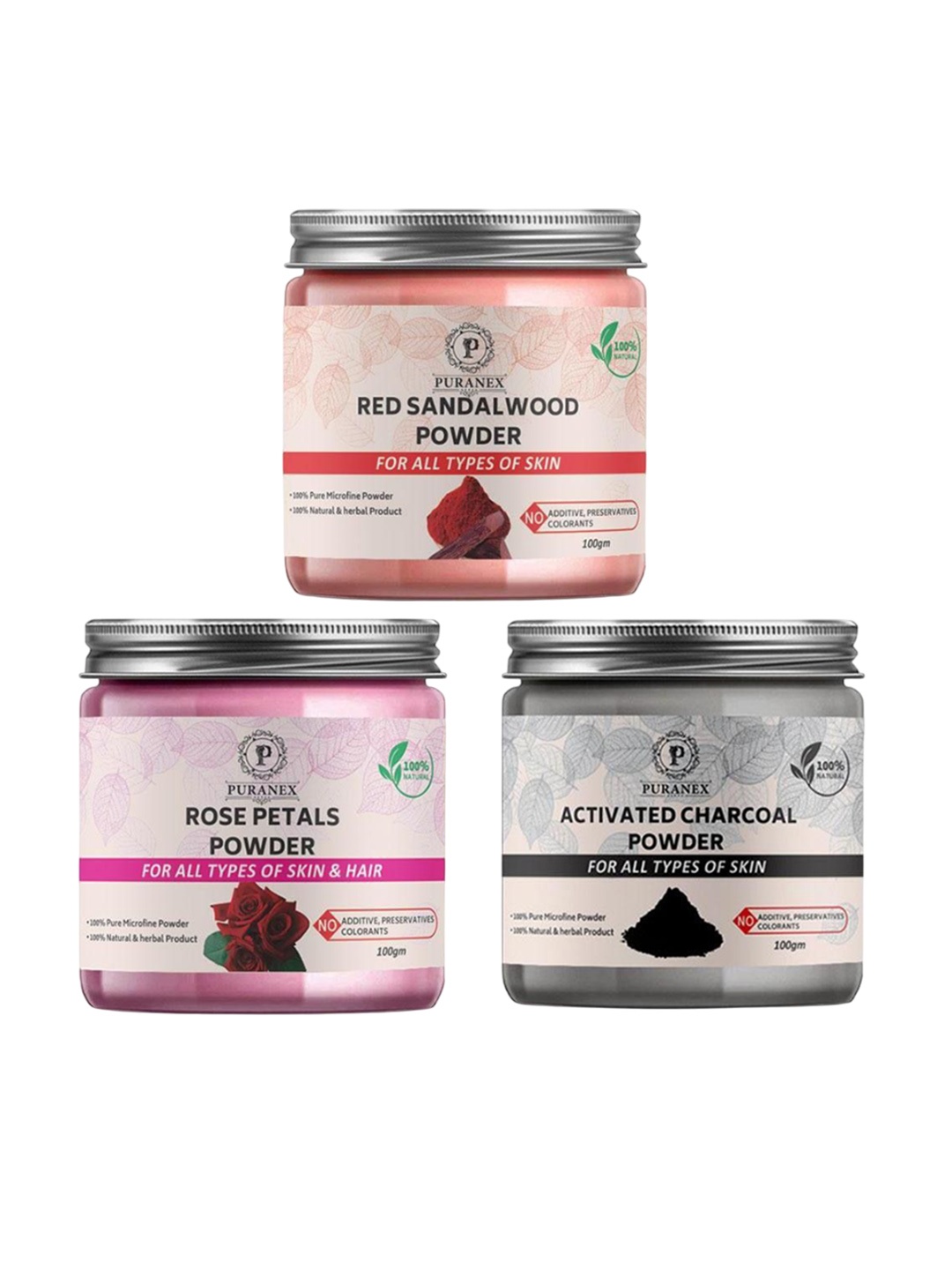 Puranex Set Of 3 Red Sandalwood, Rose Powder & Charcoal Skin & Hair Powder-100 g Each, White
Puranex Set Of 3 Red Sandalwood, Rose Powder & Charcoal Skin & Hair Powder-100 g Each, White