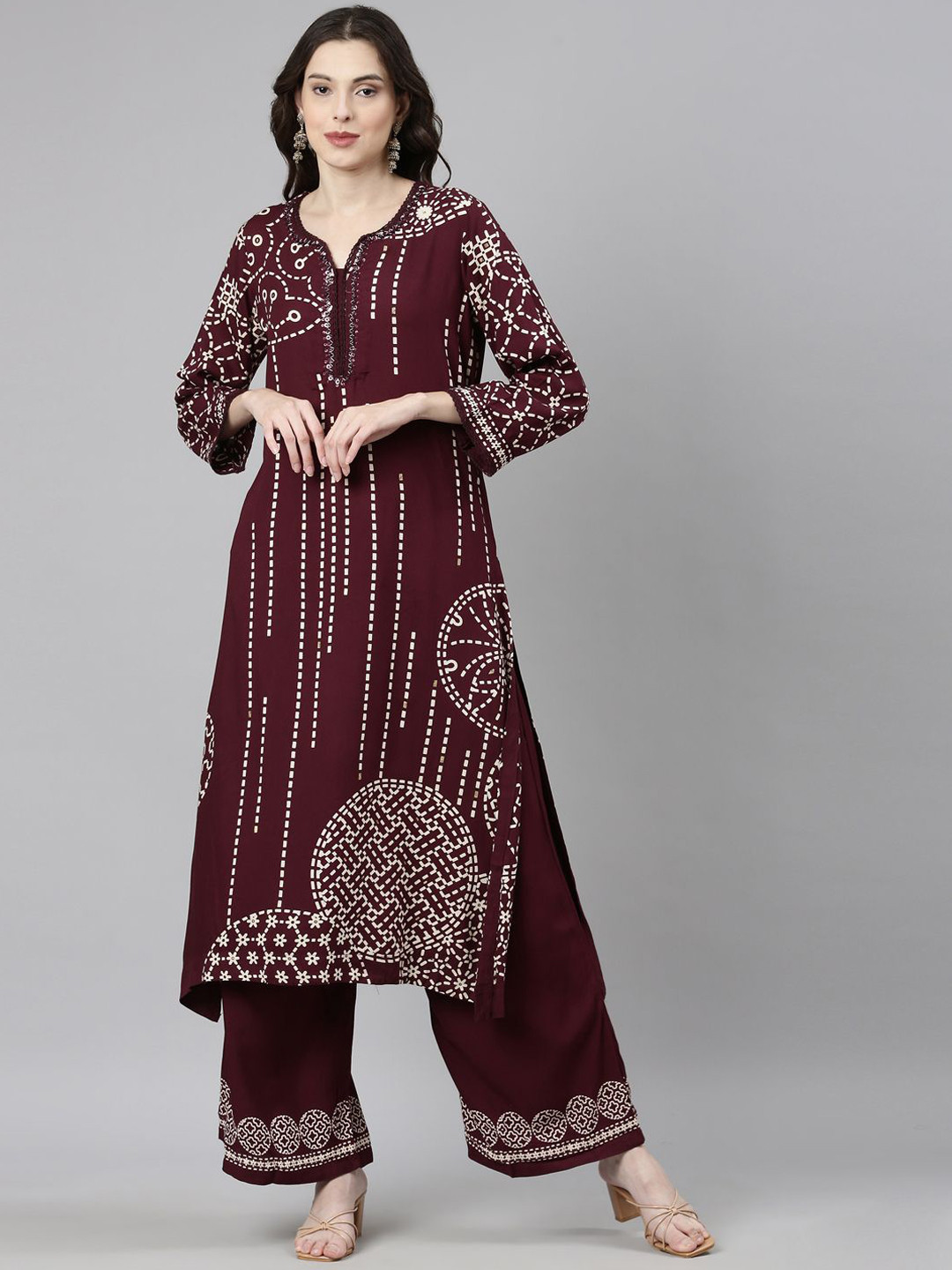 Neerus Ethnic Motifs Printed Sequinned Kurta with Palazzo, Maroon 
Neerus Ethnic Motifs Printed Sequinned Kurta with Palazzo, Maroon