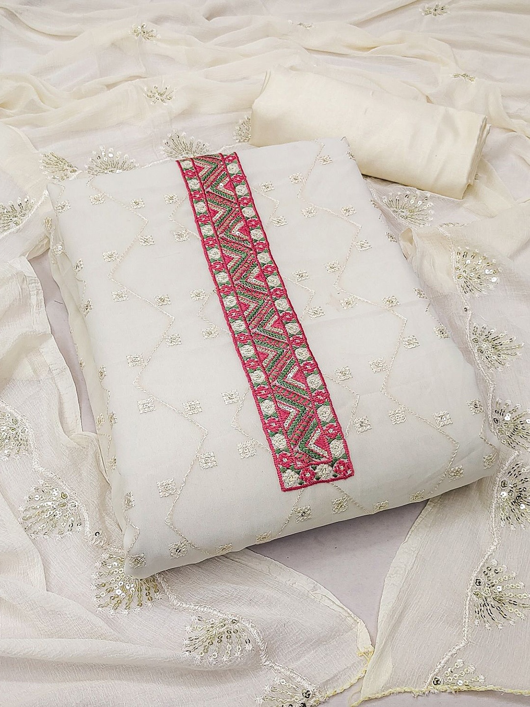 JULEE Geometric Embroidered Sequinned Silk Georgette Unstitched Dress Material, White
JULEE Geometric Embroidered Sequinned Silk Georgette Unstitched Dress Material, White