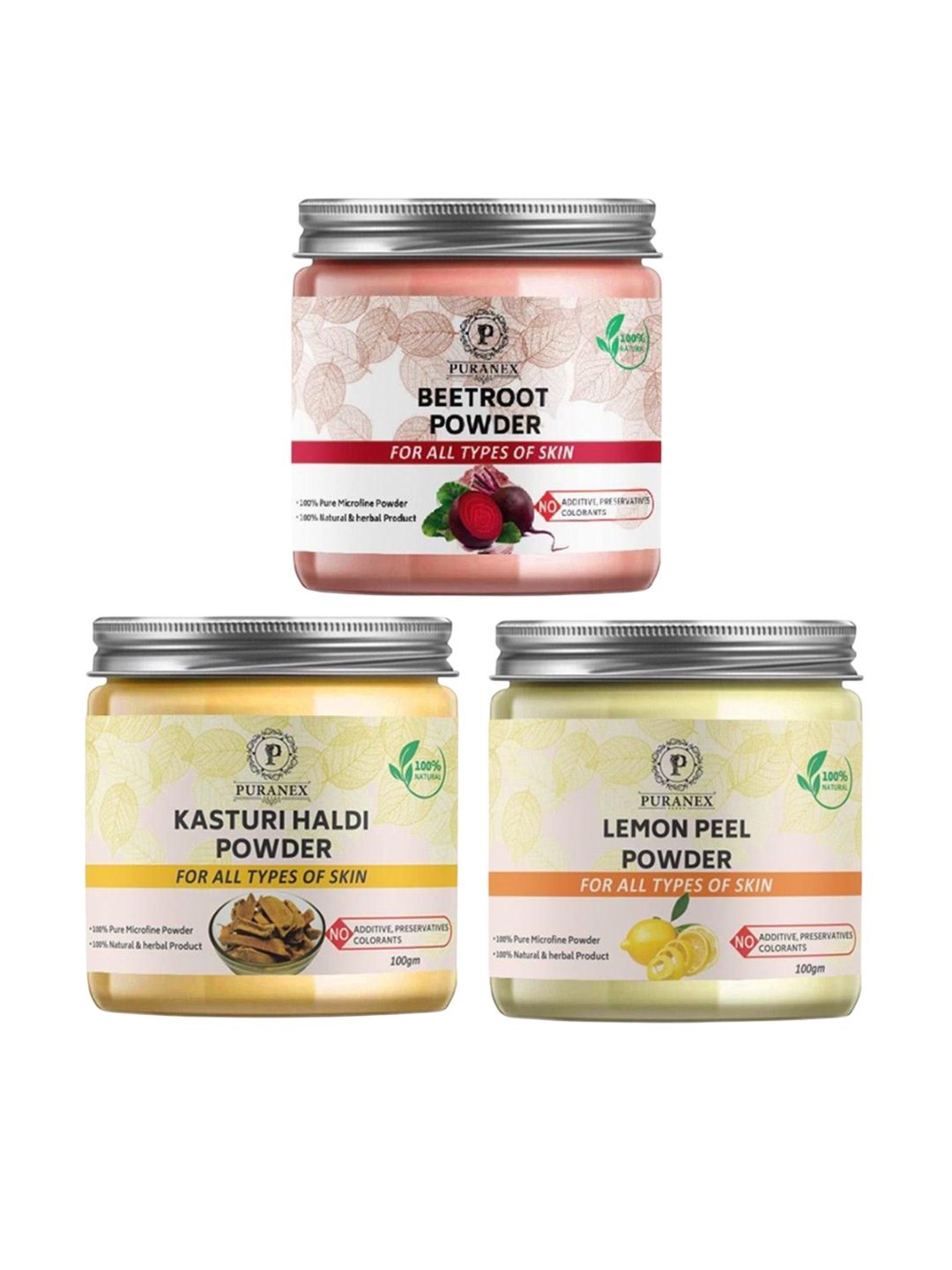 Puranex Set Of 3 Lemon- Beetroot & Kasturi Haldi Powder For Face - 100 g Each, White
Puranex Set Of 3 Lemon- Beetroot & Kasturi Haldi Powder For Face - 100 g Each, White