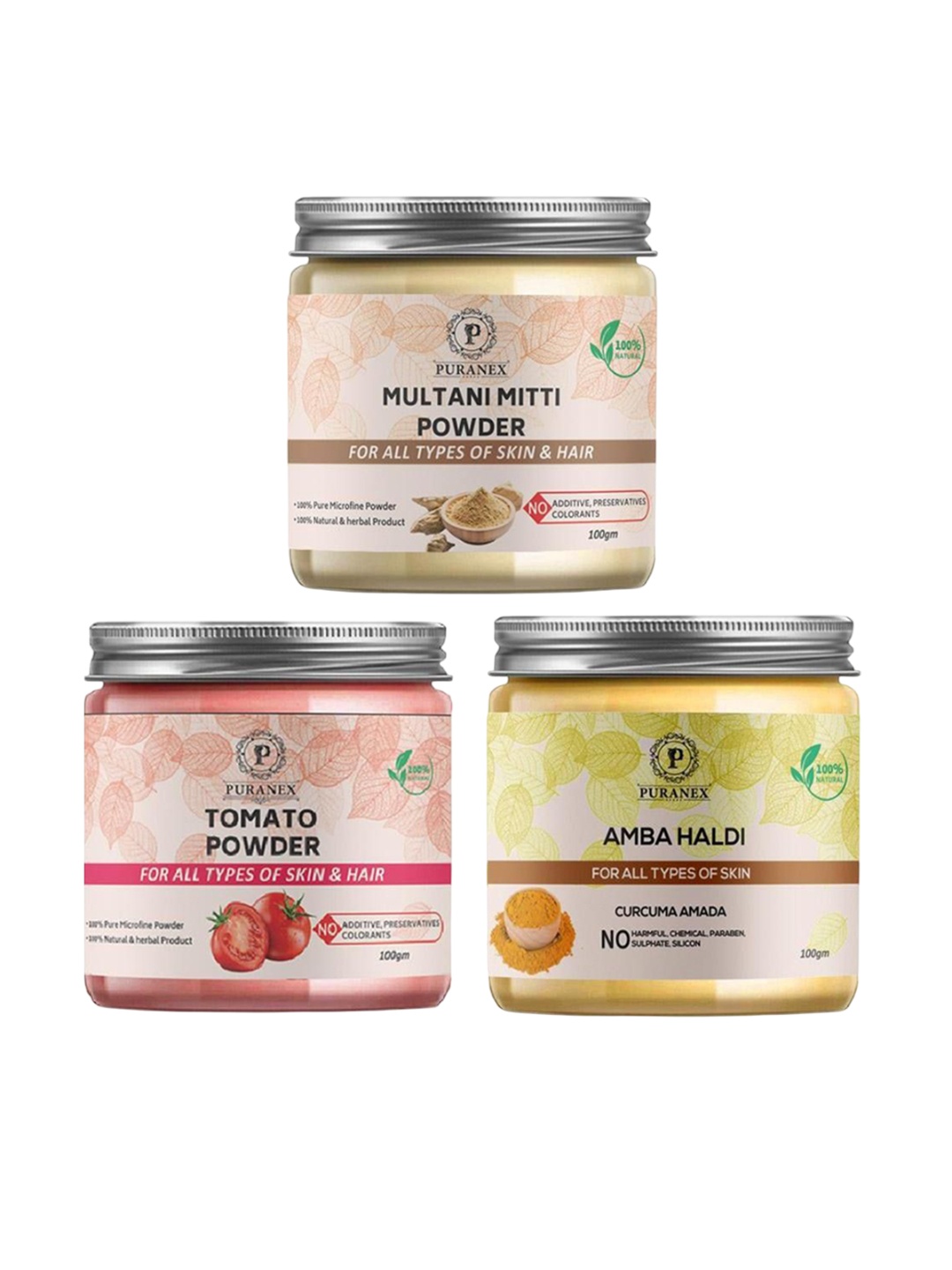 Puranex Set Of 3 Multani Mitti, Tomato & Amba Haldi Skin & Hair Powder-100 g Each, White
Puranex Set Of 3 Multani Mitti, Tomato & Amba Haldi Skin & Hair Powder-100 g Each, White