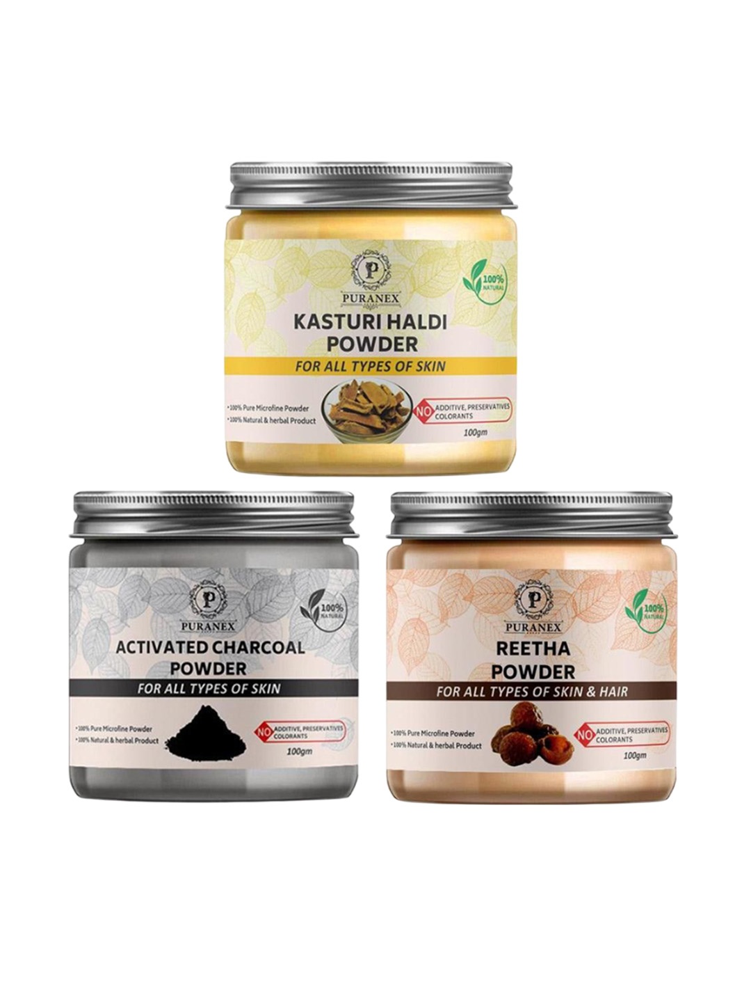 Puranex Set Of 3 Natural Kasturi Haldi - Activated Charcoal & Reetha Powder - 100 gm Each, White
Puranex Set Of 3 Natural Kasturi Haldi - Activated Charcoal & Reetha Powder - 100 gm Each, White
