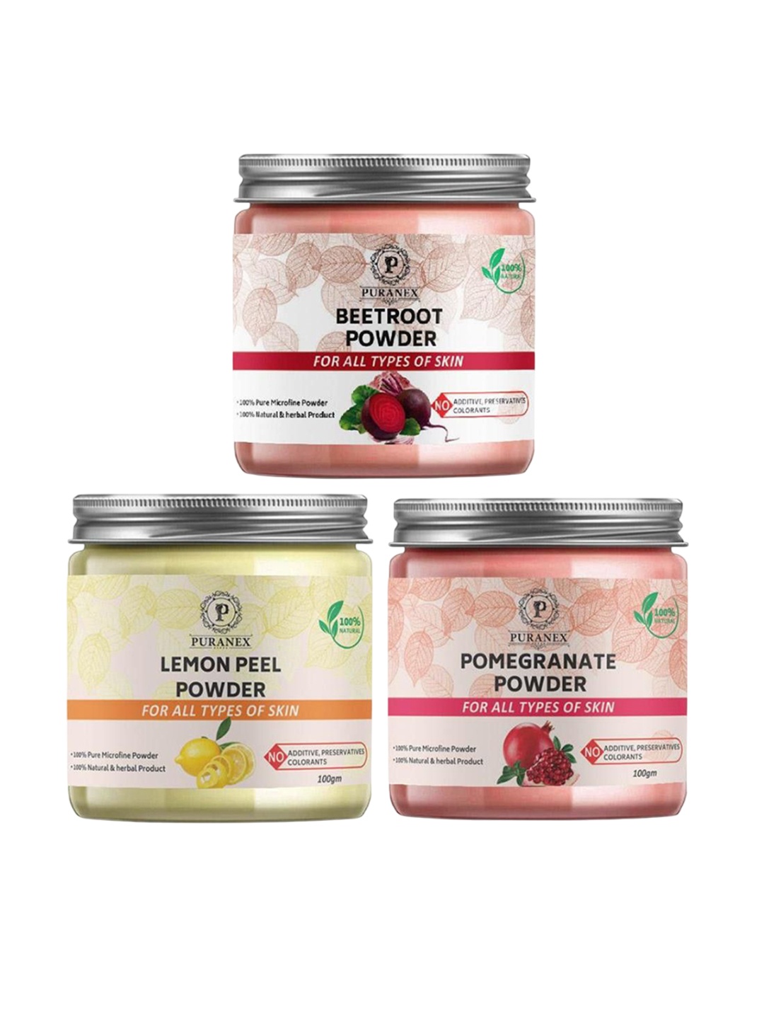 Puranex Set Of 3 Natural Beetroot, Lemon Peel & Pomegranate Face Pack Powder - 100 g Each, White
Puranex Set Of 3 Natural Beetroot, Lemon Peel & Pomegranate Face Pack Powder - 100 g Each, White