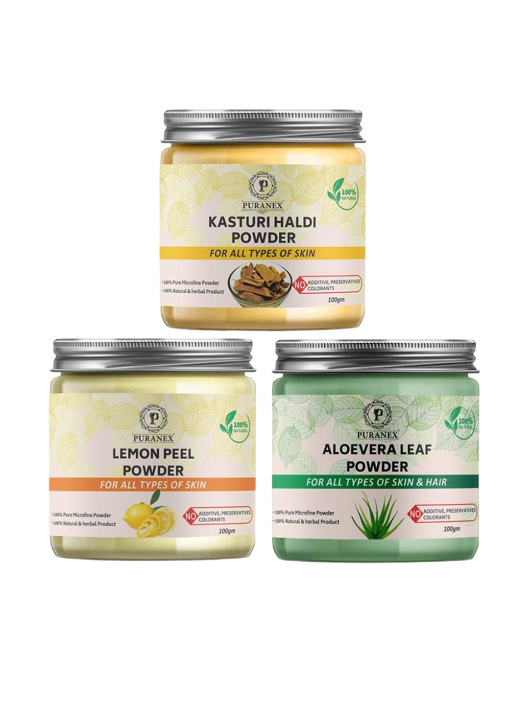 Puranex Set Of 3 Kasturi Haldi, Lemon Peel & Aloe Vera Leaf Powder Face Pack - 100 g Each, White
Puranex Set Of 3 Kasturi Haldi, Lemon Peel & Aloe Vera Leaf Powder Face Pack - 100 g Each, White