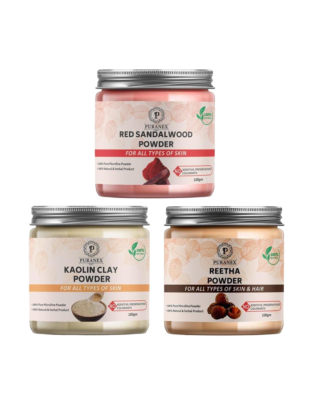 Puranex Set Of 3 Red Sandalwood, Kaolin Clay & Reetha Skin & Hair Powder-100 g Each, White
Puranex Set Of 3 Red Sandalwood, Kaolin Clay & Reetha Skin & Hair Powder-100 g Each, White