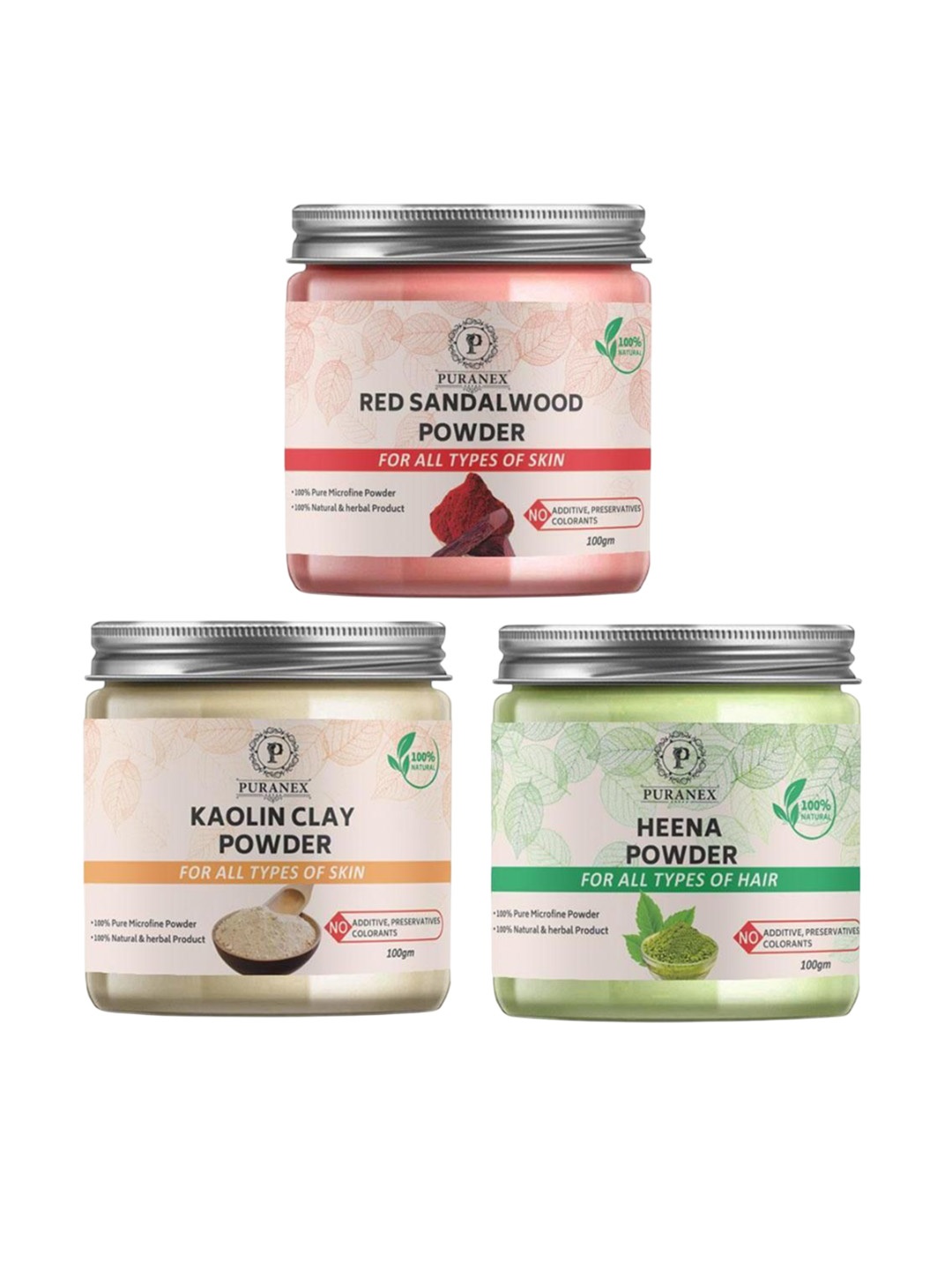 Puranex Set Of 3 Red Sandalwood- Kaolin Clay & Heena Powder For Hair & Skin - 100 g Each, White
Puranex Set Of 3 Red Sandalwood- Kaolin Clay & Heena Powder For Hair & Skin - 100 g Each, White