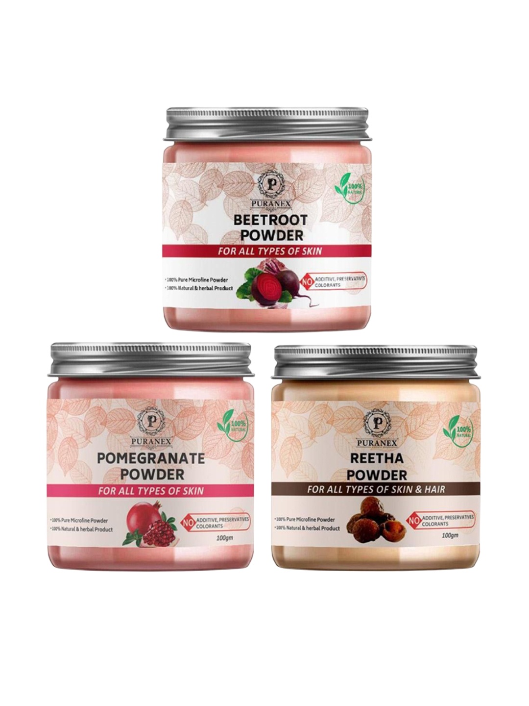 Puranex Set Of 3 Reetha - Beatroot & Pomegranate Powder For Face & Skin - 100 g Each, Pink
Puranex Set Of 3 Reetha - Beatroot & Pomegranate Powder For Face & Skin - 100 g Each, Pink