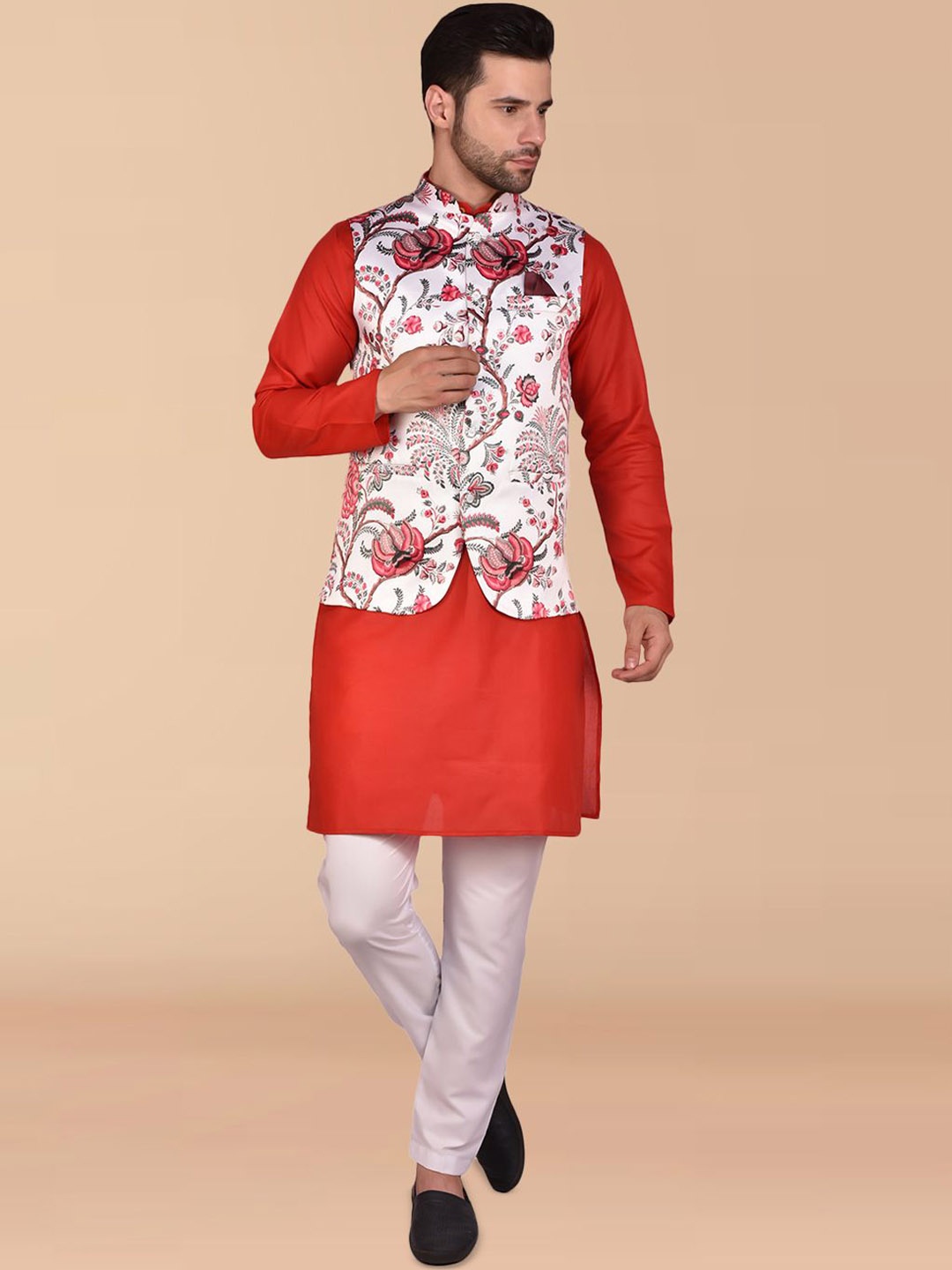 PRINTINDIA Mandarin Collar Pure Cotton Straight Kurta with Trousers & Nehru jacket, Red
PRINTINDIA Mandarin Collar Pure Cotton Straight Kurta with Trousers & Nehru jacket, Red