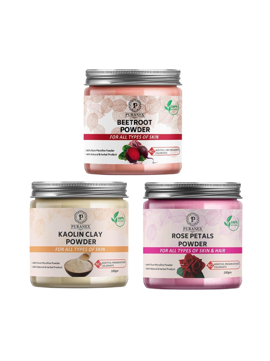 Puranex Set Of 3 Beetroot, Kaolin Clay & Rose Petal Hair & Skin Powder -100 g Each, White
Puranex Set Of 3 Beetroot, Kaolin Clay & Rose Petal Hair & Skin Powder -100 g Each, White