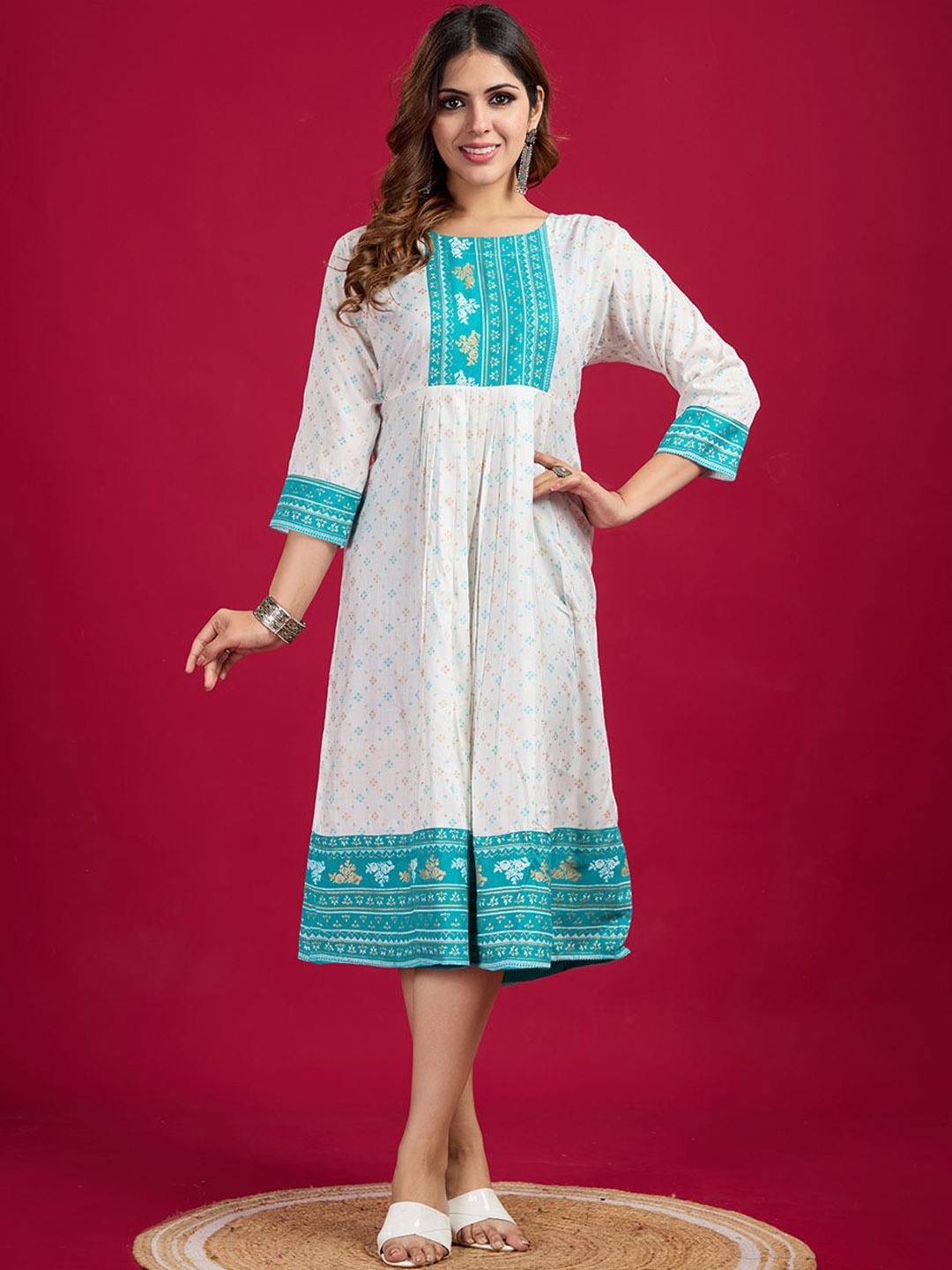 NIRMAL CREATION Geometric Printed Round Neck Three-Quarter Sleeves Cotton Ethnic Dress, Turquoise blue
NIRMAL CREATION Geometric Printed Round Neck Three-Quarter Sleeves Cotton Ethnic Dress, Turquoise blue