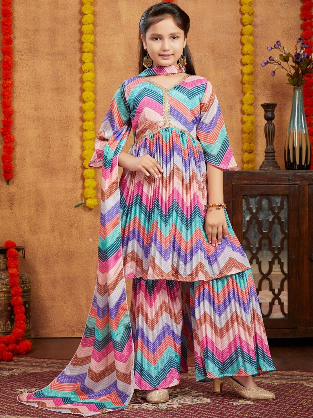 Sangria Girls Bandhani Printed V-Neck Gotta Patti Pure Silk Kurta & Sharara With Dupatta, Pink
Sangria Girls Bandhani Printed V-Neck Gotta Patti Pure Silk Kurta & Sharara With Dupatta, Pink