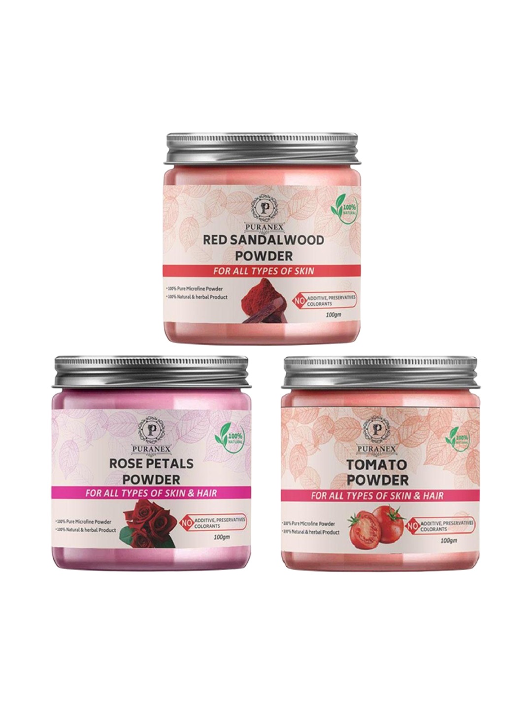 Puranex Set Of 3 Natural Red Sandalwood- Rose Petals & Tomato Powder - 100 g Each, White
Puranex Set Of 3 Natural Red Sandalwood- Rose Petals & Tomato Powder - 100 g Each, White