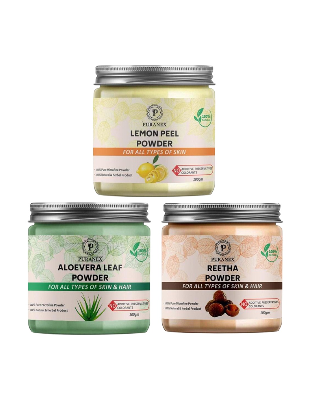Puranex Set Of 3 Lemon Peel, Aloevera Leaf & Reetha Skin & Hair Powder-100 g Each, White
Puranex Set Of 3 Lemon Peel, Aloevera Leaf & Reetha Skin & Hair Powder-100 g Each, White