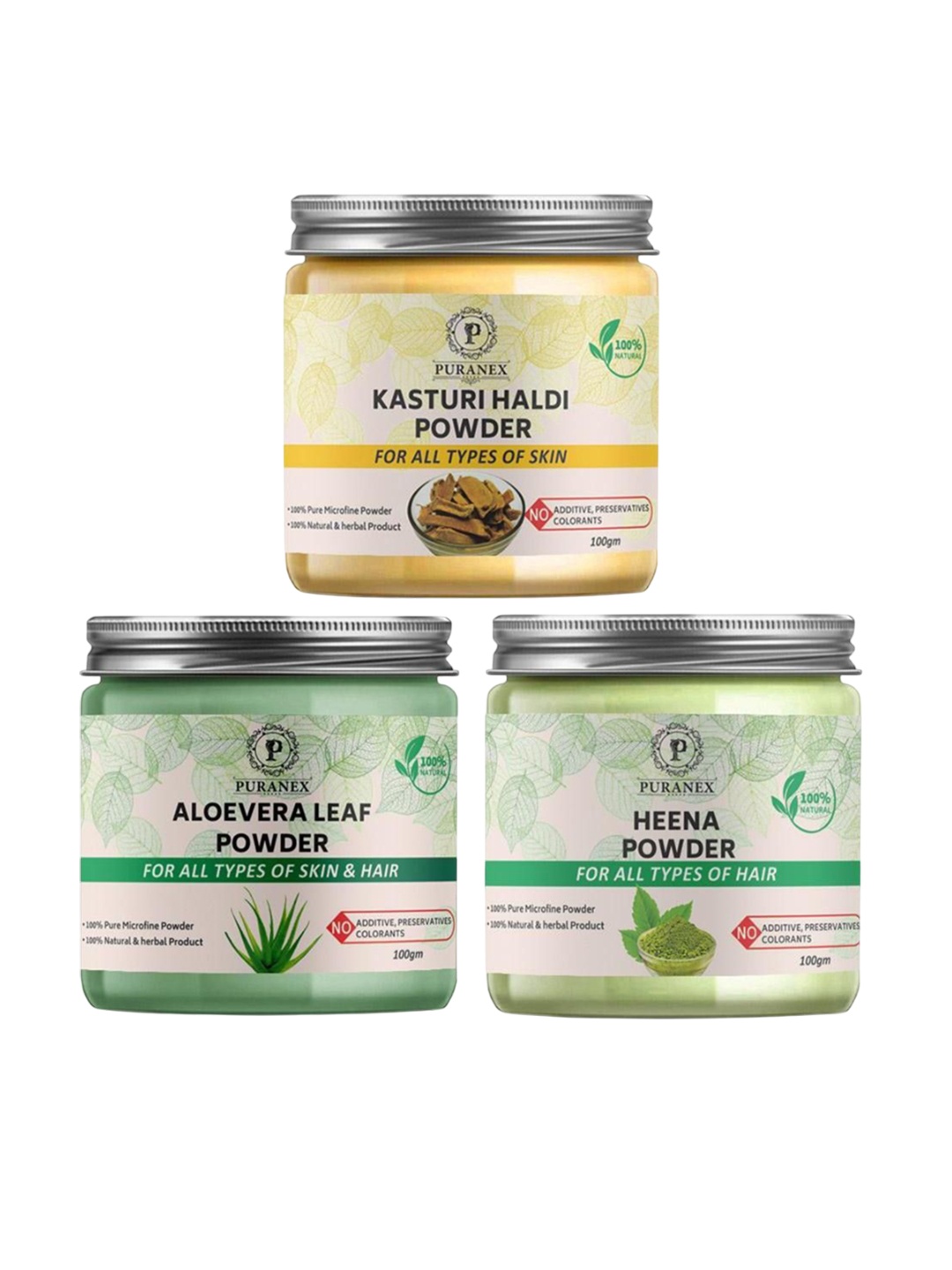 Puranex Set Of 3 Kasturi Haldi, Aloe Vera Leaf & Heena Skin & Hair Powder-100 g Each, White
Puranex Set Of 3 Kasturi Haldi, Aloe Vera Leaf & Heena Skin & Hair Powder-100 g Each, White